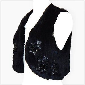 Funky East Black Lux Real Rabbit Fur Sequined Beaded Vest Jacket Boho M